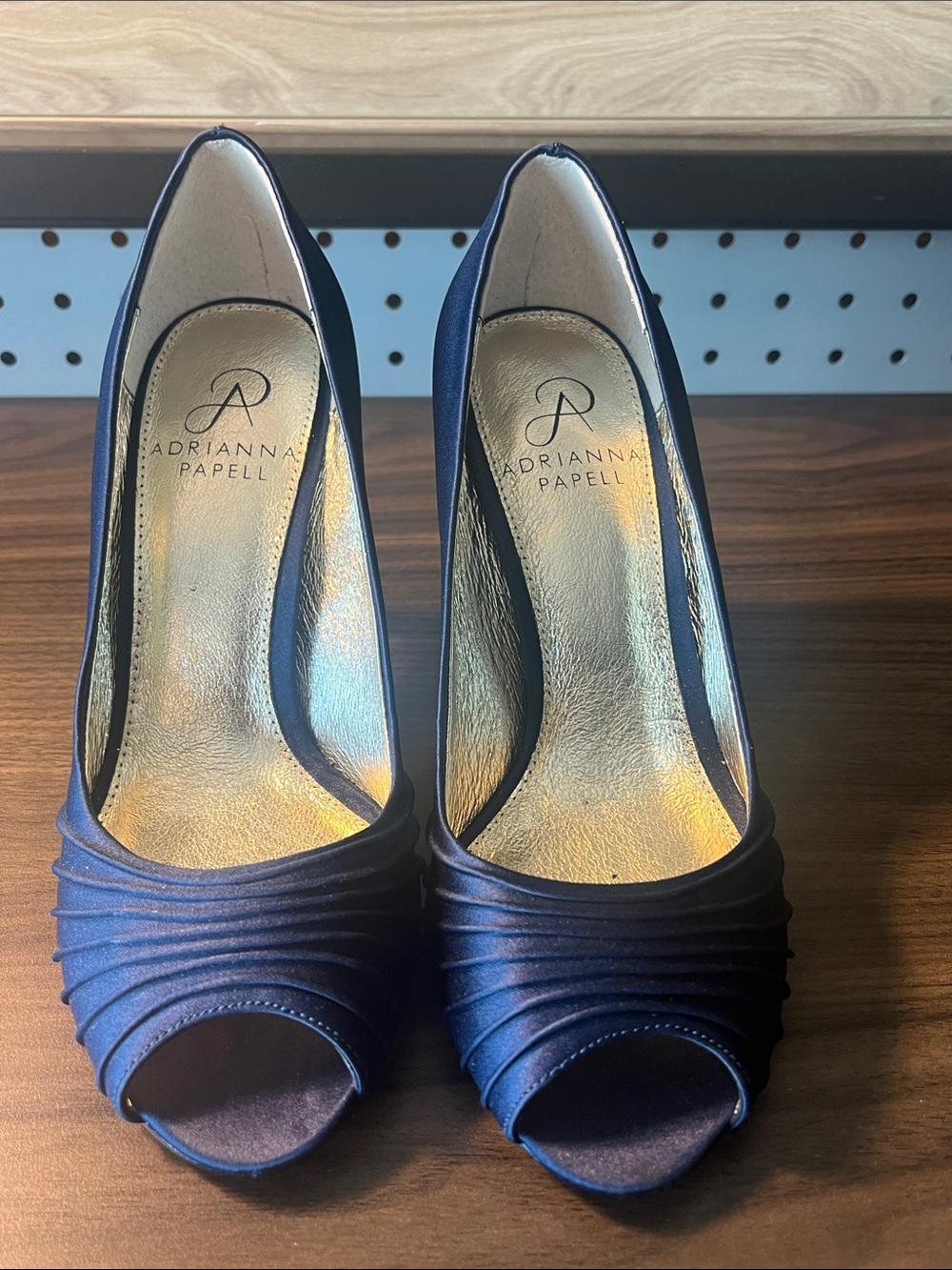 Adrianna Papell "Farrel" Peep Toe Satin Pumps - Navy Blue, Size 5.5M